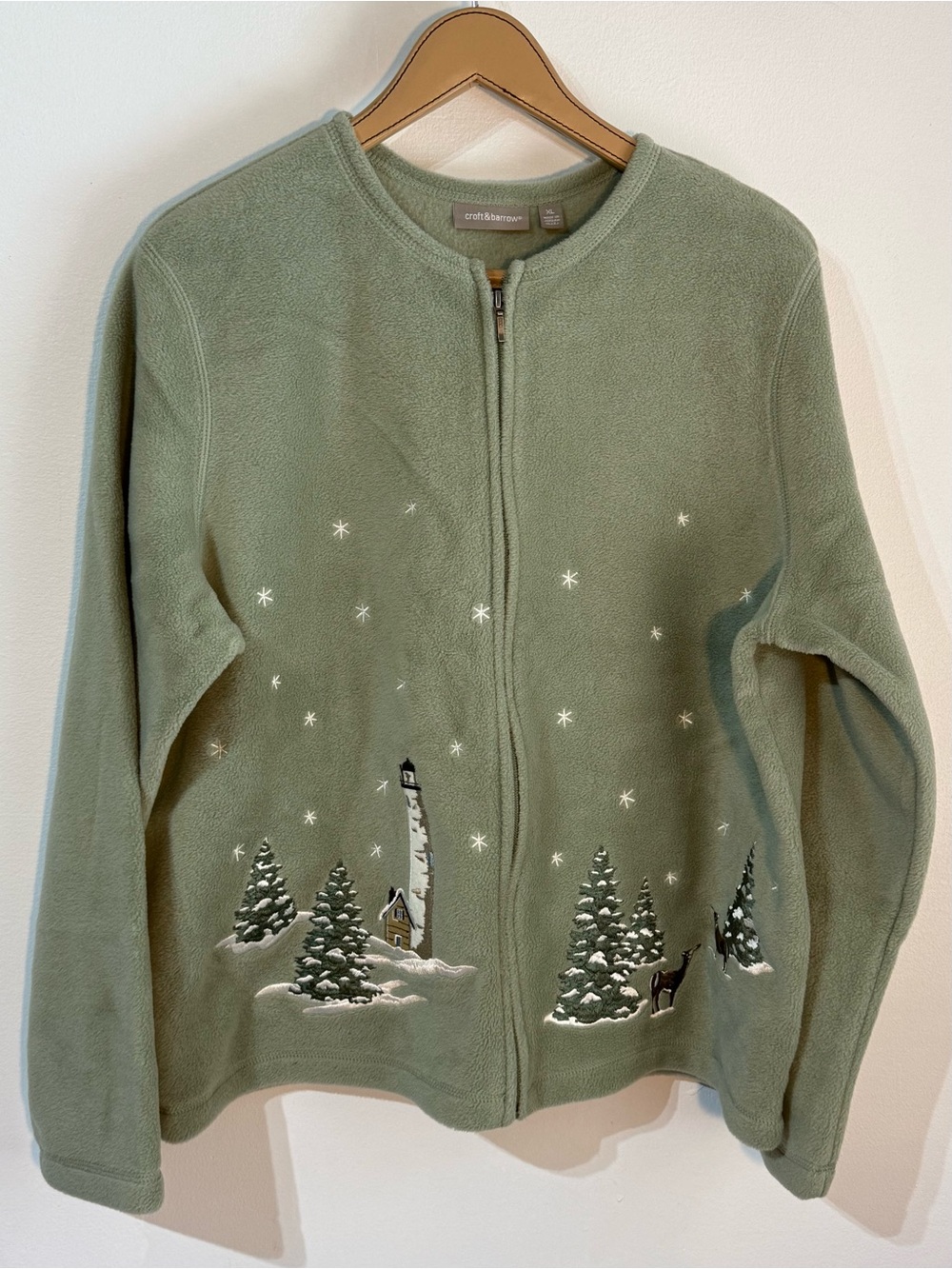 croft & barrow Sage GreenZip-Front Fleece Cardigan w/Winter Christmas Embroidery